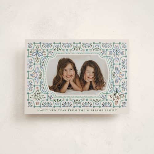 This is a aqua christmas postcards with standard by Paper Sun Studio called festive folk frame printing on signature in postcard