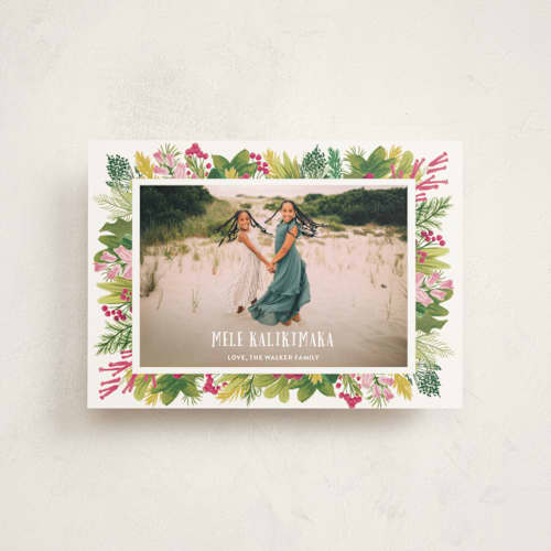 This is a vintage rose christmas postcards with standard by Shiny Penny Studio called tropical pines frame printing on signature in postcard