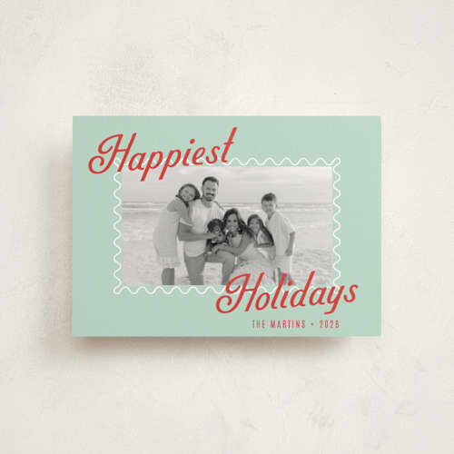 This is a seafoam christmas postcards with standard by Olivia Raufman called happy on holiday printing on signature in postcard