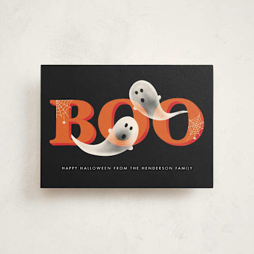 This is a charcoal halloween party invitations cards with standard by Megan Cash called boo! printing on signature in petite