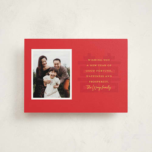 This is a scarlet chinese new year cards with standard by Alexandra Cohn called lunar new year wishes printing on signature in postcard