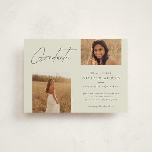 This is a bone graduation invitations with standard by Stacey Meacham called duo printing on signature in petite