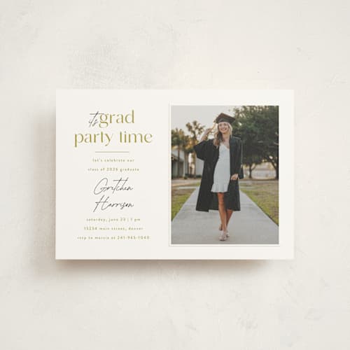 This is a marigold graduation invitations with standard by Ashlee Townsend called grad party time printing on signature in petite