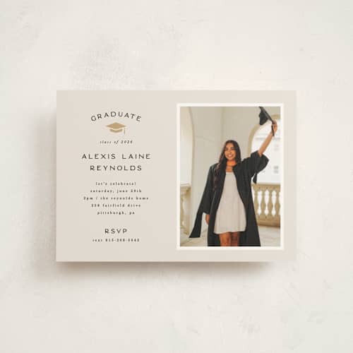 This is a ecru graduation invitations with standard by Hooray Creative called official party printing on signature in petite