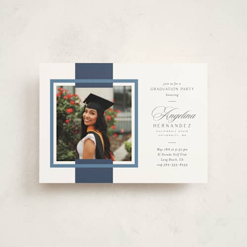 This is a navy graduation invitations with standard by Owl and Toad called preppy frame printing on signature in petite