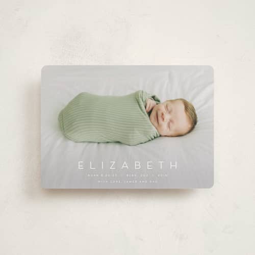 This is a sugar petite birth announcements with standard by Juneau Designs called sweet love printing on recycled smooth signature in petite