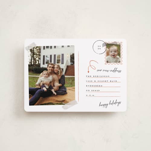 This is a cinnamon petite holiday cards with standard by Gwen Bedat called return address printing on recycled smooth signature in petite