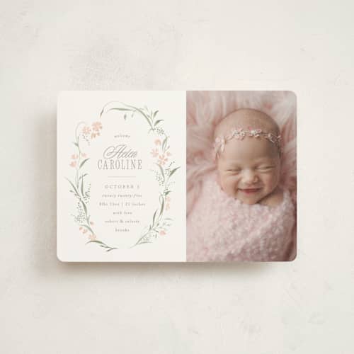This is a sweet pea petite birth announcements with standard by Erin L. Wilson called dottie printing on signature in petite