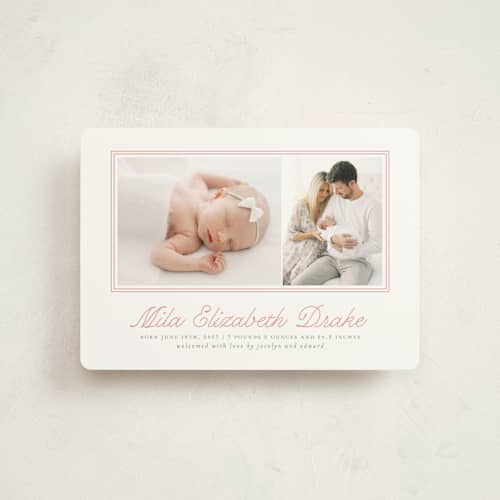 This is a melon petite birth announcements with standard by Laura Hankins called byline printing on signature in petite