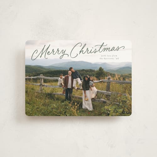 This is a eucalyptus petite holiday cards with standard by Carmia C. called nostalgic script printing on signature in petite