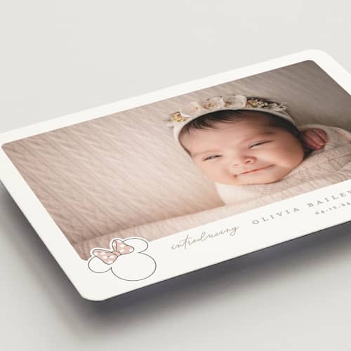 This is a peony birth announcement magnets with standard by Creo Study called disney's minnie's bow printing on magnet paper in magnet