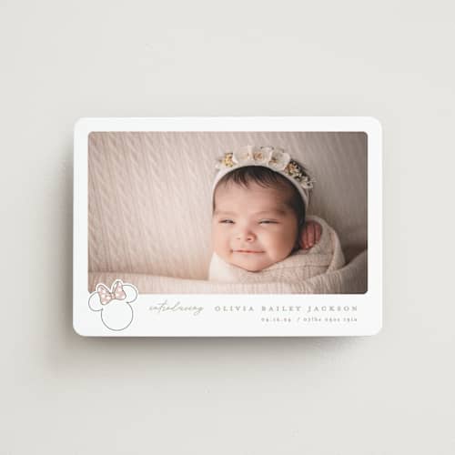 This is a peony birth announcement magnets with standard by Creo Study called disney's minnie's bow printing on magnet paper in magnet