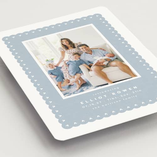 This is a chambray birth announcement magnets with standard by Lea Delaveris called mickey fabric frame printing on magnet paper in magnet