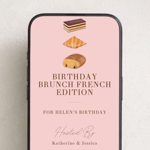 This is a petal online birthday invitations by Becky Nimoy called french patisserie brunch printing on digital paper in standard