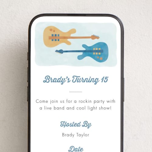 This is a steel online birthday invitations by Anna Black called rockin guitars printing on digital paper in standard