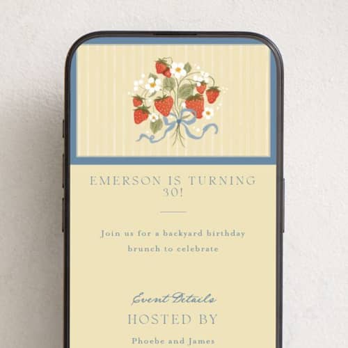 This is a blueberry online birthday invitations by Erin L. Wilson called strawberry sunshine printing on digital paper in standard
