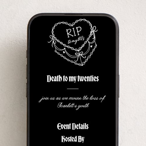 This is a noir online birthday invitations by Kaliste Ananda called rip to my 20s printing on digital paper in standard