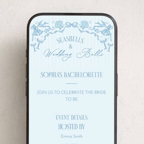 This is a blue sky online invitations by Honey Island Studio called seashells & wedding bells printing on digital paper in standard
