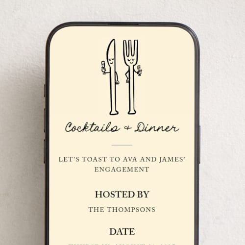 This is a champagne online invitations by mo kelley called fork and knife printing on digital paper in standard