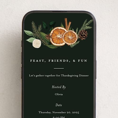 This is a midnight online invitations by Susan Moyal called fruitful holiday printing on digital paper in standard