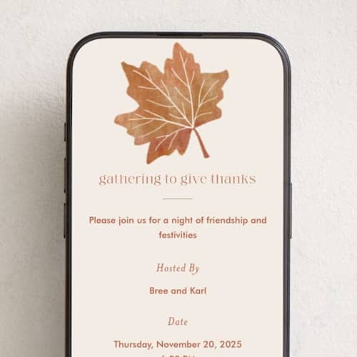 This is a mashed potatoes online invitations by Amy Payne called friendsgiving leaf printing on digital paper in standard