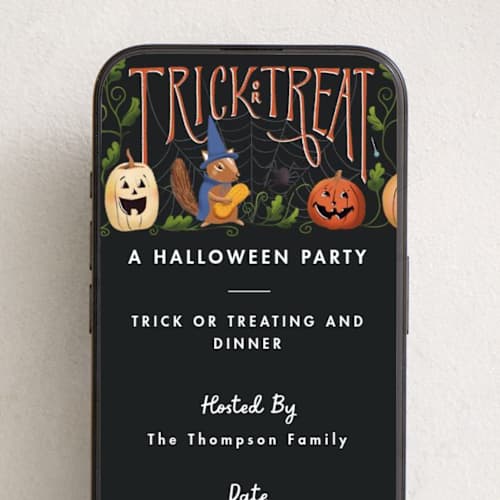 This is a chalkboard online invitations by Becky Nimoy called trick or treat animals printing on digital paper in standard