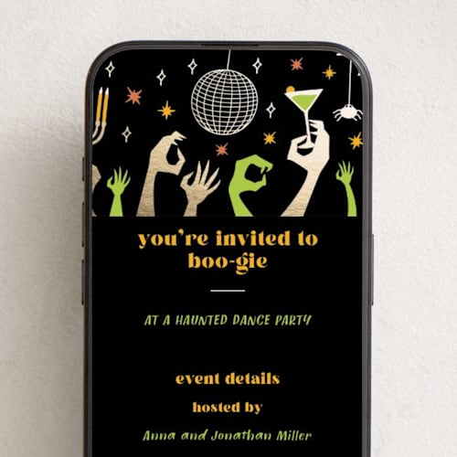This is a slimy online invitations by Stellax Creative called let's boo-gie printing on digital paper in standard