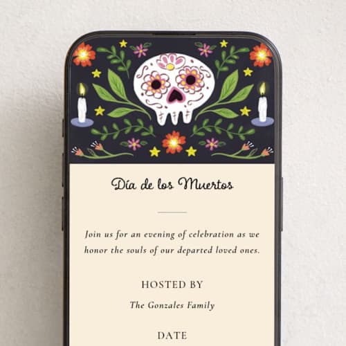 This is a petal online invitations by Ana Sharpe called sugar skull soirée printing on digital paper in standard