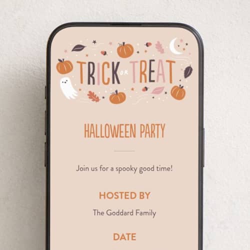 This is a dusty pink online invitations by Susan Asbill called trick or treat printing on digital paper in standard