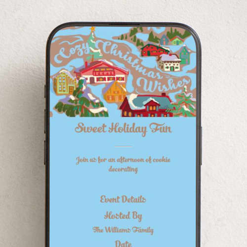 This is a glacier online invitations by Jess Franks called cozy winter village printing on digital paper in standard