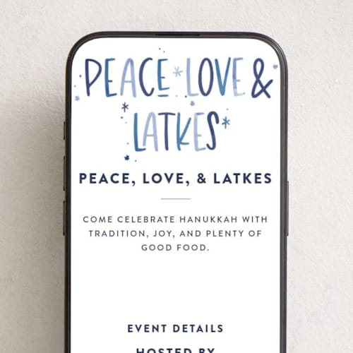 This is a frost online invitations by Laura Bercovich called peace, love & latkes printing on digital paper in standard