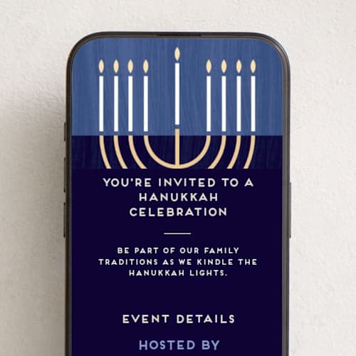This is a navy online invitations by Kami Turnell called modern menorah printing on digital paper in standard