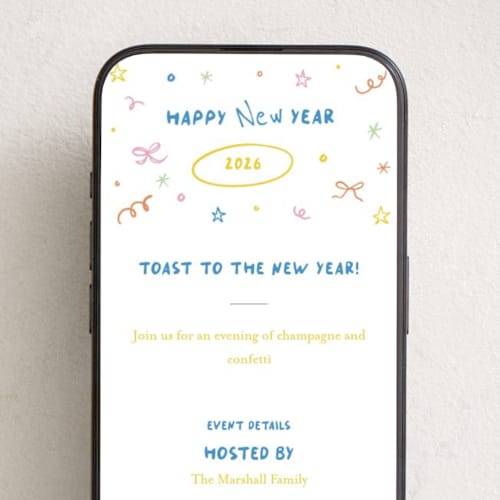 This is a sunshine online invitations by Creo Study called playful new year printing on digital paper in standard
