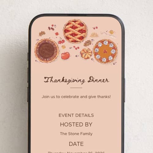 This is a peach mist online invitations by Hanna Symonovych called thanksgiving pies printing on digital paper in standard