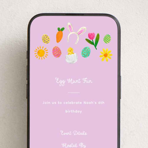 This is a lilac online invitations by Paola Benenati called egg hunt fun printing on digital paper in standard