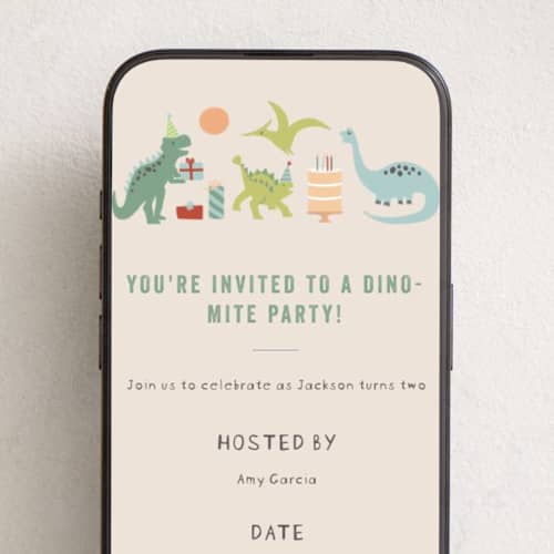 This is a sand online birthday invitations by Teju Reval called dino party printing on digital paper in standard
