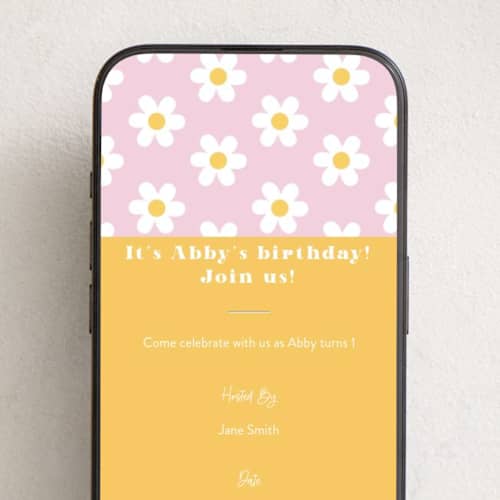 This is a daisy online birthday invitations by Little Print Design called daisys printing on digital paper in standard