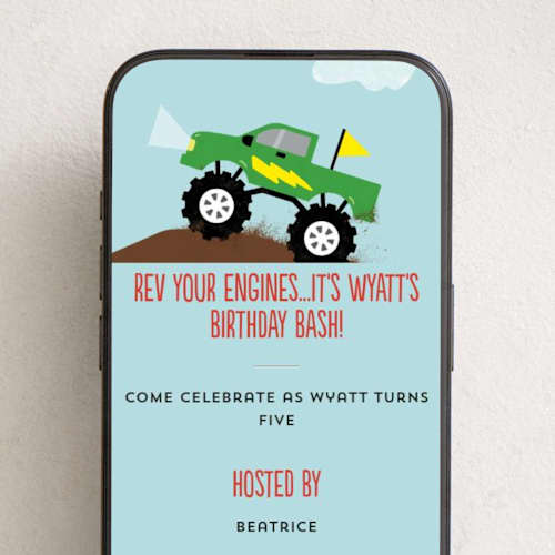 This is a lime online birthday invitations by Erica Krystek called monster truck printing on digital paper in standard