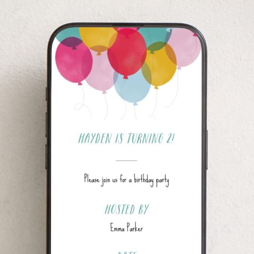 This is a teal online birthday invitations by Hooray Creative called birthday balloons printing on digital paper in standard