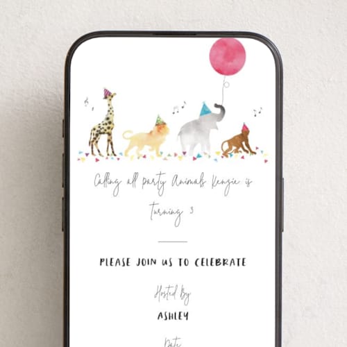 This is a gumdrops online birthday invitations by Maggie Maeve called party animals marching to the music printing on digital paper in standard