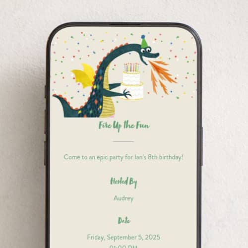 This is a vanilla online birthday invitations by Nadia Hassan called party dragon printing on digital paper in standard