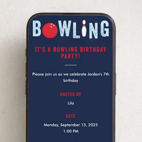 This is a blue slate online birthday invitations by Anupama called bowling birthday party printing on digital paper in standard
