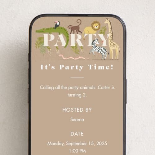 This is a linen online birthday invitations by Karidy Walker called safari party animals printing on digital paper in standard