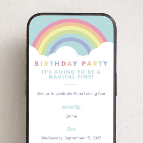 This is a mint online birthday invitations by Maria Alou called pastel rainbow sparkles printing on digital paper in standard