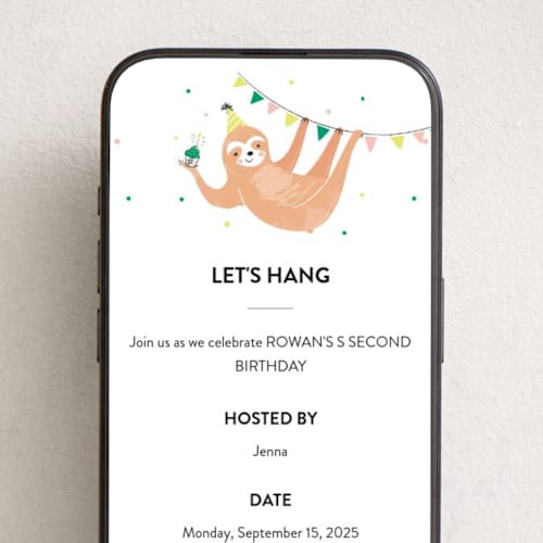 This is a emerald online birthday invitations by Melissa Egan of Pistols called party sloth printing on digital paper in standard