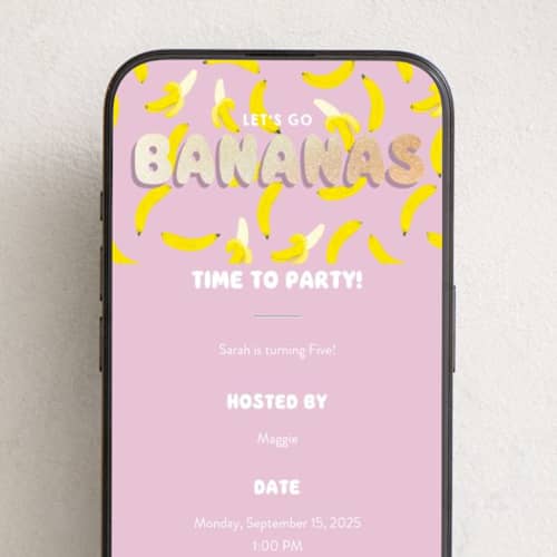 This is a mixed berry online birthday invitations by Baumbirdy called go bananas printing on digital paper in standard