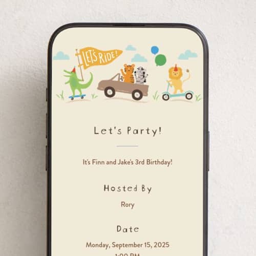 This is a crepe online birthday invitations by Jennifer Wick called let's ride printing on digital paper in standard
