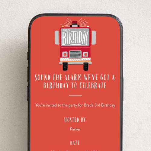 This is a fire online birthday invitations by Alethea and Ruth called sound the alarm firetruck printing on digital paper in standard