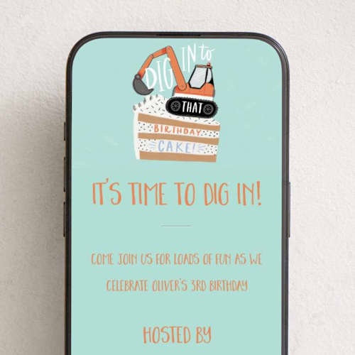 This is a mint online birthday invitations by Alethea and Ruth called digger cake printing on digital paper in standard
