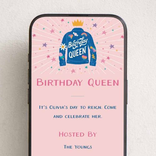 This is a rose quartz online birthday invitations by Jess Miller Draws called birthday queen printing on digital paper in standard